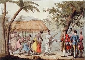 Captain Samuel Wallis (1728-1830) being received by Queen Oberea on the Island of Tahiti (colour lit