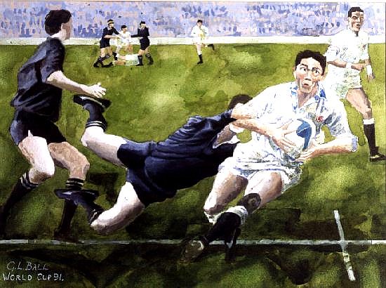 Rugby Match: England v New Zealand in the World Cup, 1991, Rory Underwood being tackled (w/c)  de Gareth Lloyd  Ball