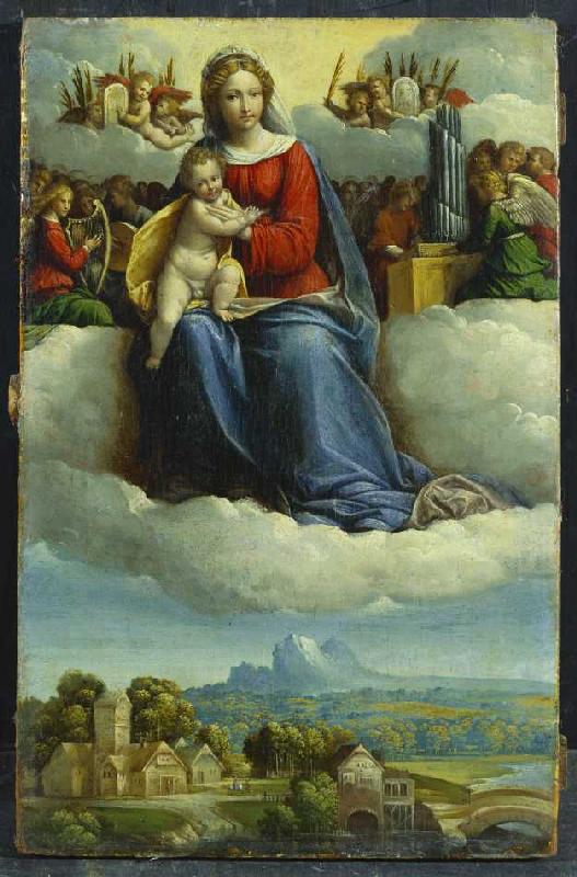 Madonna mit Kind umgeben von musizierenden Engeln über einer Waldlandschaft. de Garofalo