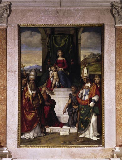 Thronende Maria mit Kind, dem Heiligen Silvester und fuenf weiteren Heiligen de Garofalo