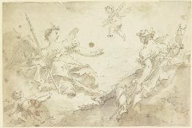 Zwei allegorische Frauenfiguren mit Putten auf Wolken (Virtù und Nobilità)