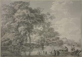 Baumpartie mit Fischerhütten an einem Fluss, rechts im Vordergrund ein Kahn mit zwei Männern, die Re