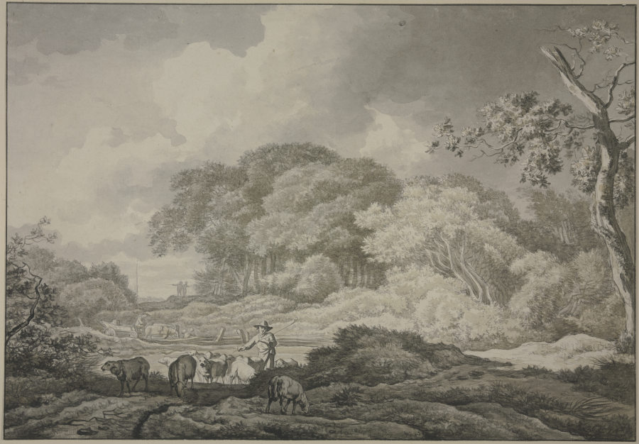 Baumpartie, vorne eine Schafherde, hinten an einem Zaun ein Wagen mit zwei Pferden de Geerlig Grijpmoed
