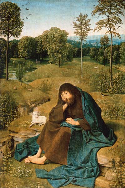 Juan Bautista sentado en paisaje de Geertgen tot Sint Jans