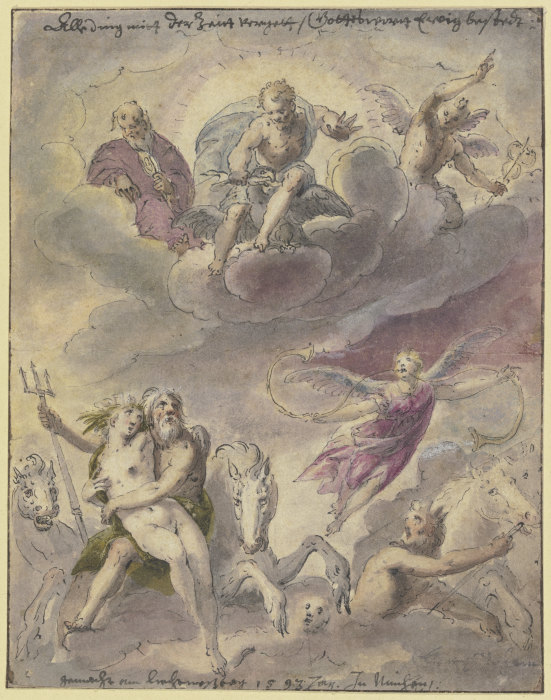 Neptun und Amphitrite mit Seegöttern, Pferden und der schwebenden Fama, in den Wolken Jupiter, Merku de Georg Beham
