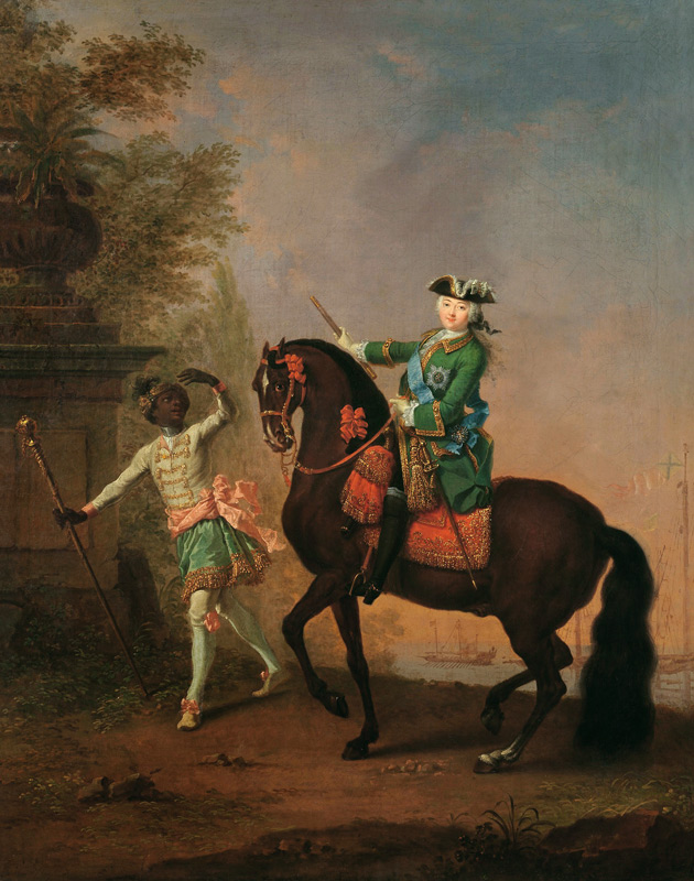 Portrait of Empress Elizabeth Petrovna (1709-62) on Horseback with a Negro Boy de Georg Christoph Grooth