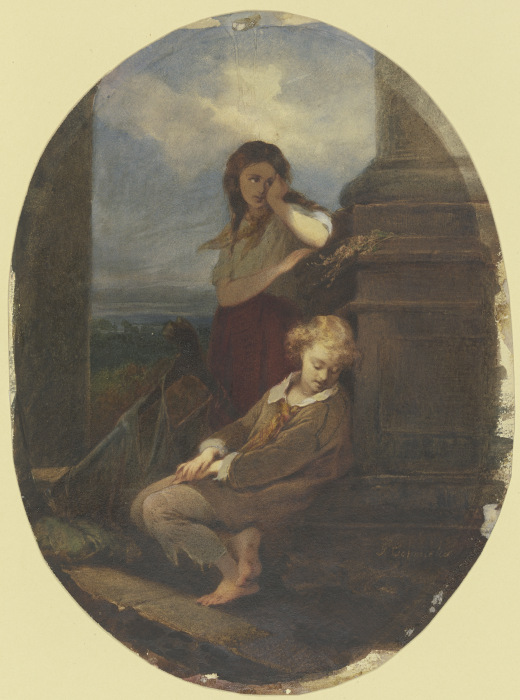 Zwei sitzende Kinder mit Harfe de Georg Cornicelius