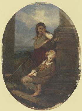 Zwei sitzende Kinder mit Harfe