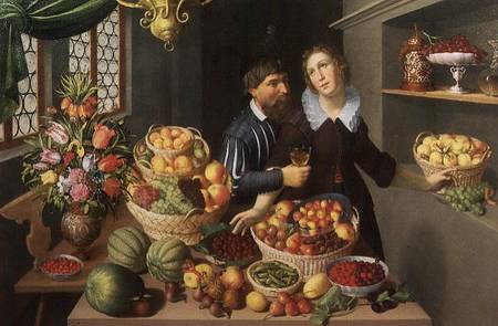 Man and Woman Before a Table Laid with Fruits and Vegetables de Georg Flegel