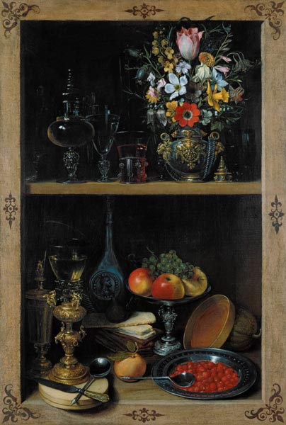 Shelf with flower vase and fruits de Georg Flegel