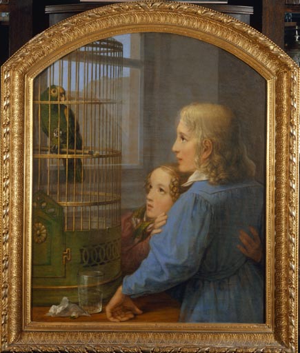 Zwei Kinder vor einem Papageienbauer de Georg Friedrich Kersting
