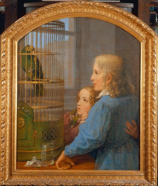 Two Children before a Parrot Cage de Georg Friedrich Kersting