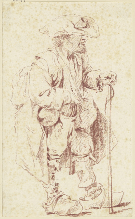 Alter Mann in zerlumpter Tracht und mit breitem Hut, im Profil nach rechts de Georg Melchior Kraus