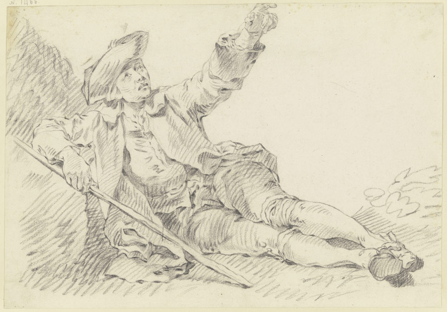 Am Boden sitzender Mann, den linken Arm erhoben, in der Rechten einen Stab haltend de Georg Melchior Kraus