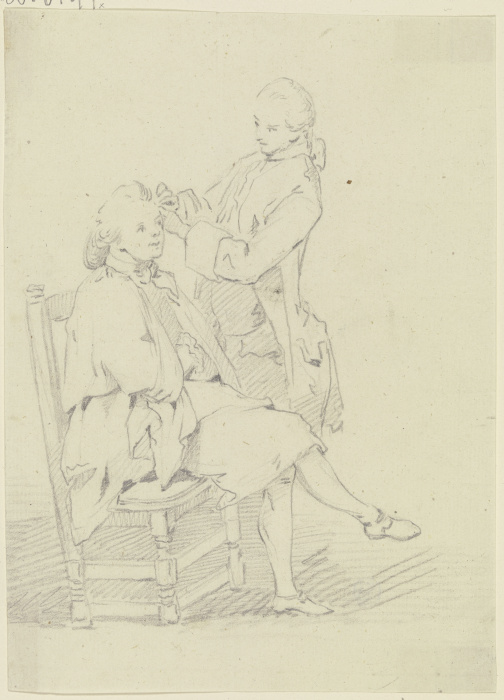 Auf einem Stuhl sitzender junger Mann, der von einem stehenden Mann frisiert wird de Georg Melchior Kraus