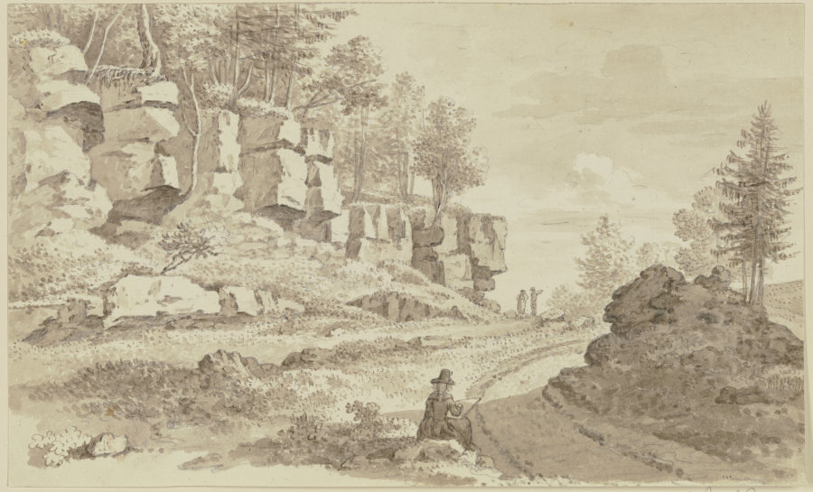 Baumbestandene Felspartie links neben einem Weg, im Vordergrund in Rückenansicht eine Zeichnerin de Georg Melchior Kraus