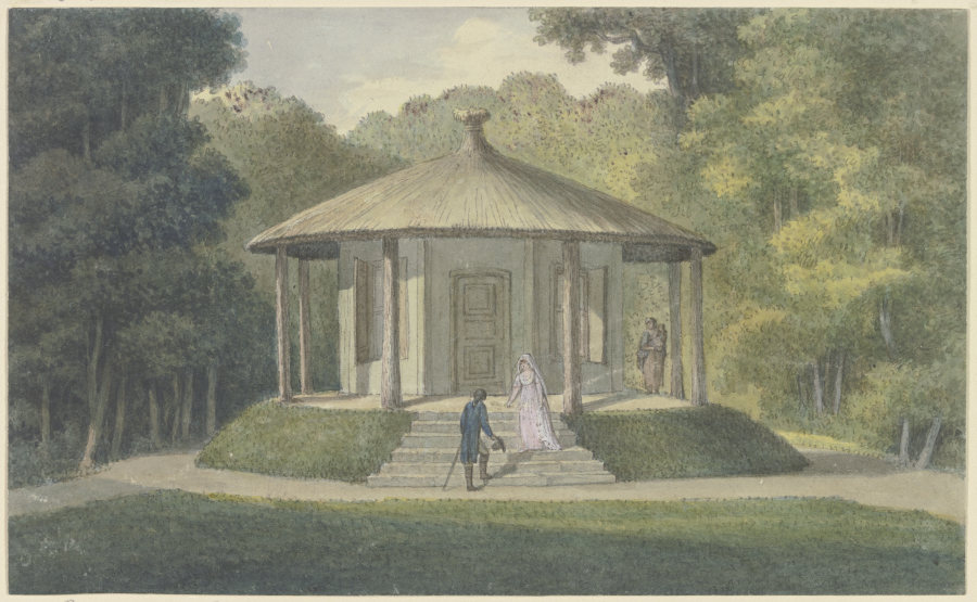 Der Pavillon im Ettersburger Park bei Weimar, auf der Treppe die Herzogin Anna Amalia, einen Herrn b de Georg Melchior Kraus