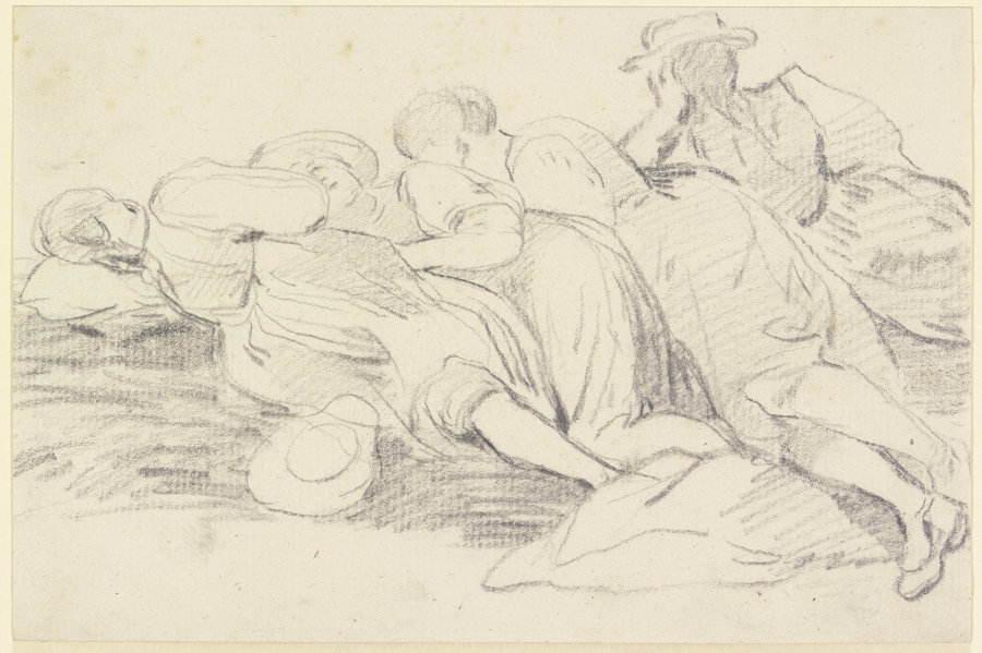 Drei sich ausruhende Mädchen und ein Mann, dicht nebeneinander auf dem Boden ausgestreckt de Georg Melchior Kraus