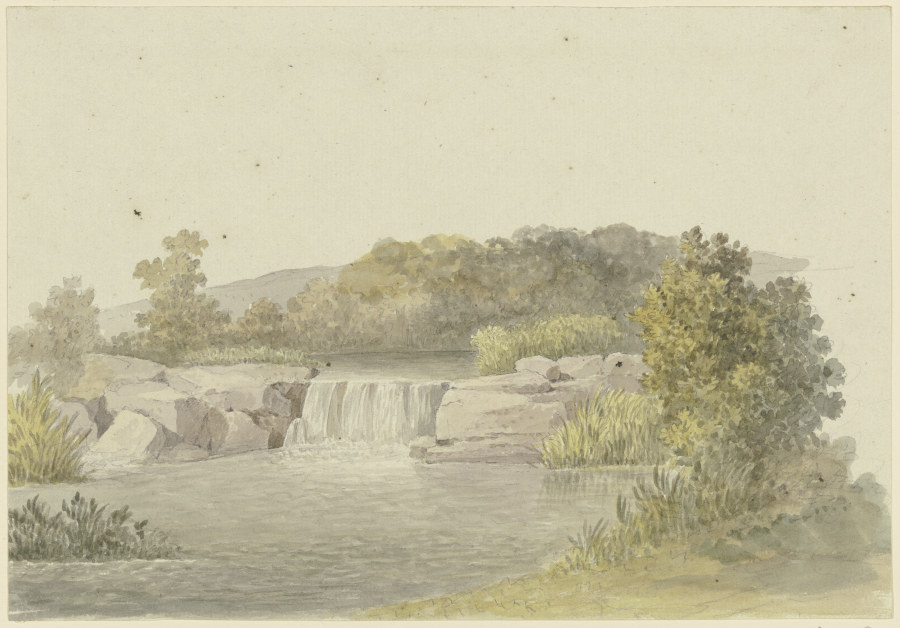 Ein Fluß mit einem niedrigen Wasserfall, im Hintergrund waldiges Ufer de Georg Melchior Kraus