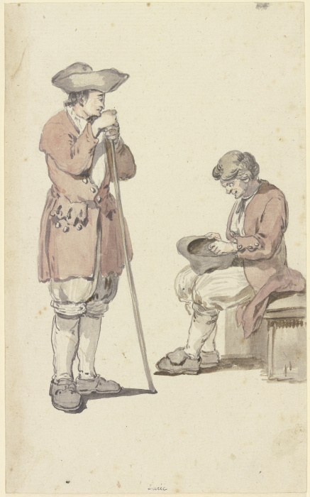 Ein junger und ein alter Schweizer Bauer, der junge stehend mit einem Stab, der alte sitzend de Georg Melchior Kraus