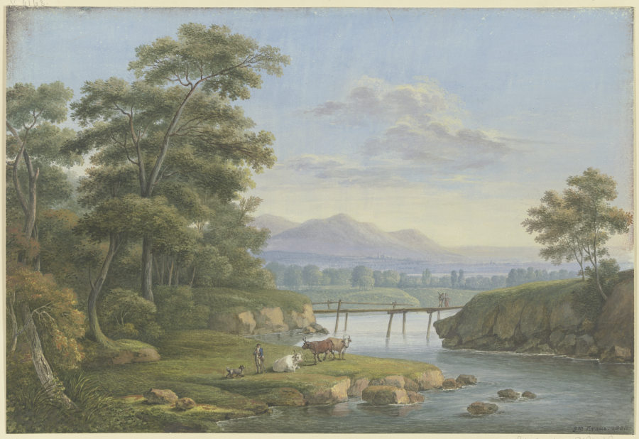 Flußtal mit felsigem Ufer, im Hintergrund Gebirge de Georg Melchior Kraus