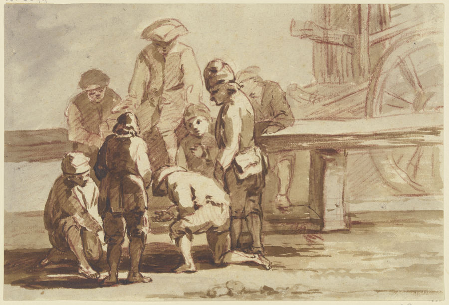 Gruppe von acht Knaben beim Spiel, stehend, kniend und auf einer Balustrade sitzend de Georg Melchior Kraus