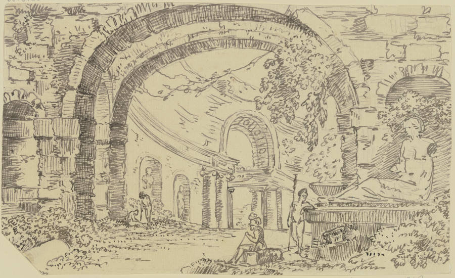 Römische Ruinen mit Bogen und Nischen, im Vordergrund zwei Krieger, rechts ein Monument mit einer si de Georg Melchior Kraus