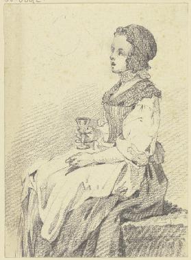 Sitzendes junges Mädchen mit Haube und Halsband, im Profil nach links, ein Glas in der rechten Hand 