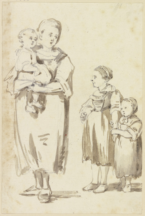Stehende junge Frau mit einem Kind auf dem Arm, rechts neben ihr zwei weitere Kinder de Georg Melchior Kraus