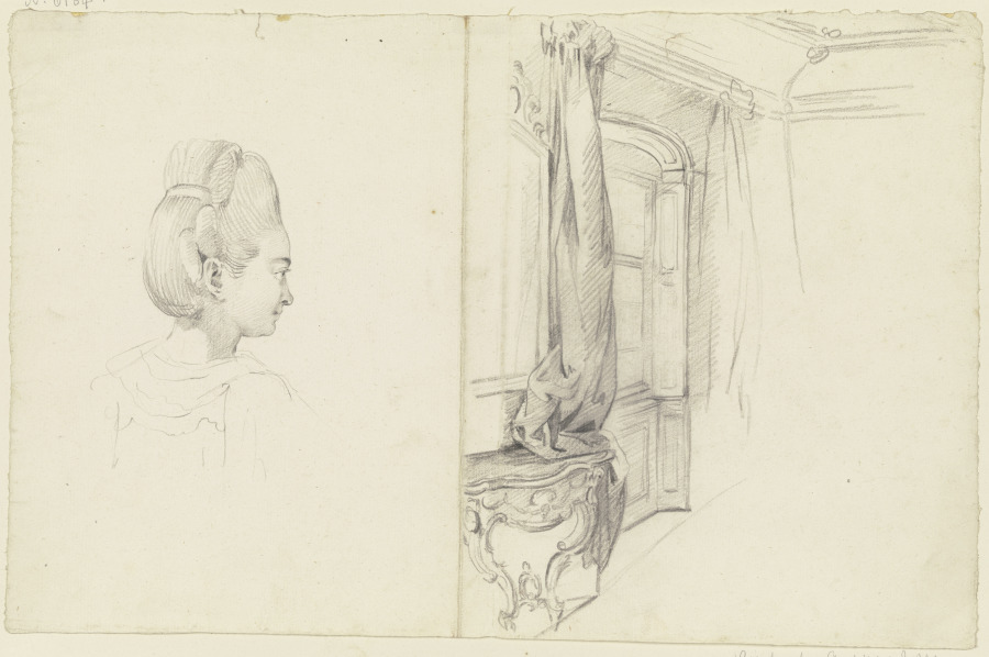 Studienblatt: Weiblicher Kopf mit Hochsteckfrisur, Interieur eines Rokoko-Zimmers de Georg Melchior Kraus
