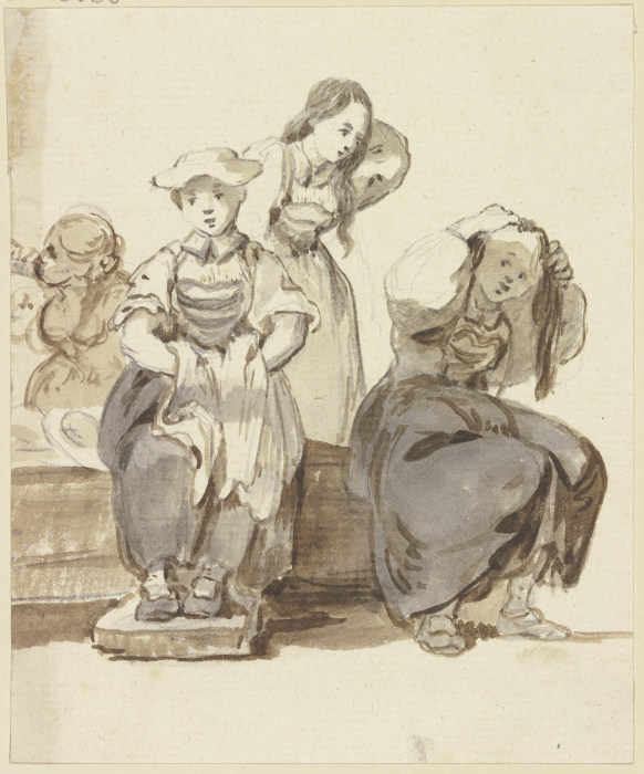 Vier junge Mädchen bei einem Brunnen, zwei von ihnen ordnen sich die Haare de Georg Melchior Kraus