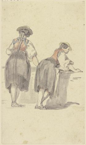 Zwei Bäuerinnen vor einer niedrigen Mauer, die linke von hinten gesehen, die rechte halb von der Sei