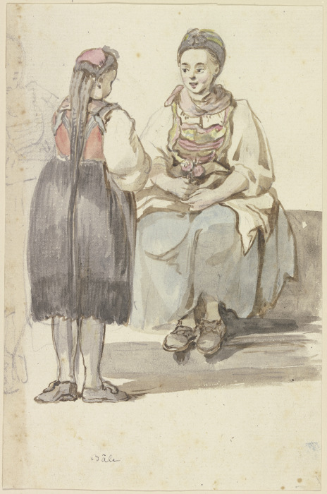 Zwei Schweizer Bäuerinnen, die linke stehend, vom Rücken gesehen, die rechte sitzend, von vorne de Georg Melchior Kraus
