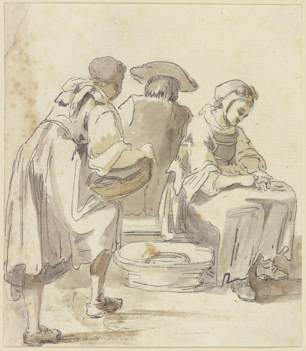 Zwei Wäscherinnen und ein vom Rücken gesehener sitzender Mann de Georg Melchior Kraus