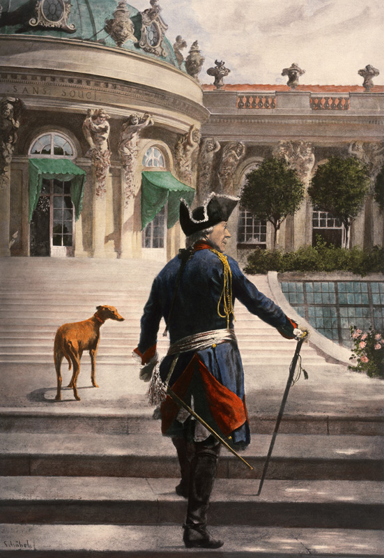 Der Alte Fritz mit seinem Windspiel auf den Terrassen von Sanssouci. de Georg Schöbel