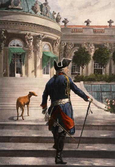 Der Alte Fritz mit seinem Windspiel auf den Terrassen von Sanssouci.