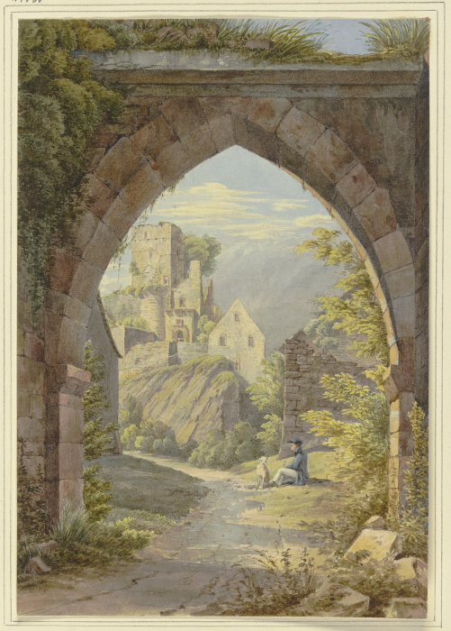 Gotischer Bogen mit Durchblick auf eine Burg de Georg von Krieg
