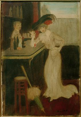 Frau mit Sonnenschirm an der Bar