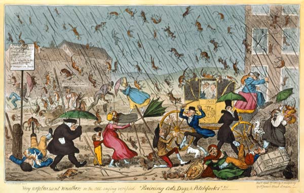 Very Unpleasant Weather, or the Old Saying verified Raining Cats, Dogs and Pitchforks! , pub. G. Hum de George Cruikshank
