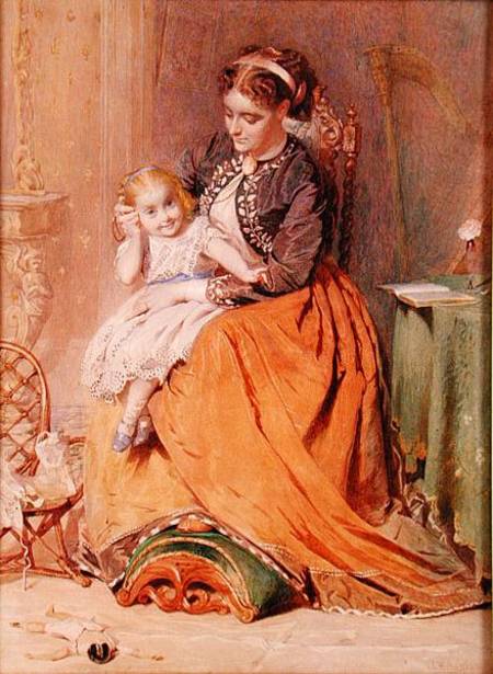 "Tick, Tick, Tick" - a girl sitting on her mother's lap listening to her gold watch ticking de George Elgar Hicks