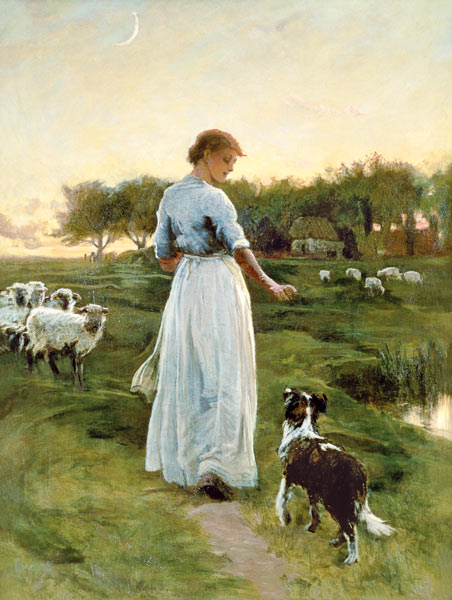 A Shepherdess with her Dog and Flock in a Moonlit Meadow de George Faulkner Wetherbee