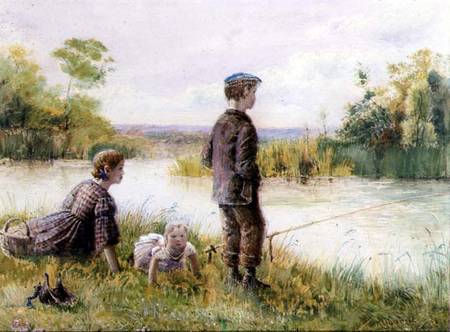 Children fishing by a stream de George Goodwin Kilburne