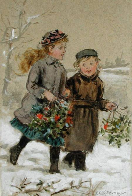 Children Playing in the Snow - Collecting Holly (w/c heightened with white on paper) de George Goodwin Kilburne