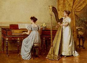 Two women in an interior playing instruments. de George Goodwin Kilburne