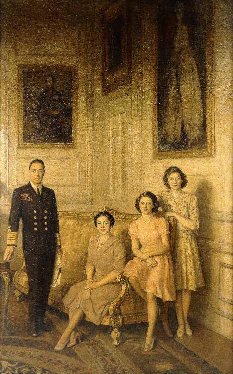 Die königliche Familie: King George VI, Queen Elizabeth und ihre beiden Töchter, Prinzessin Margaret de George Harcourt
