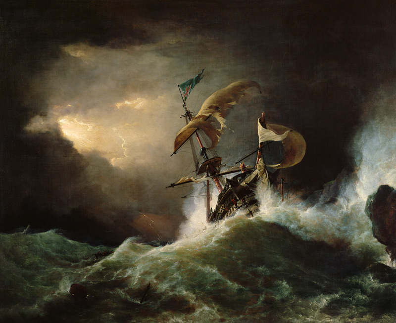 A First rate Man-of-War driven onto a reef of rocks, floundering in a gale de George Philip Reinagle