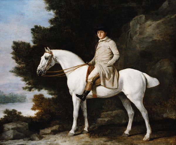 A Gentleman on a Grey Horse in a Rocky Wooded Landscape de George Stubbs