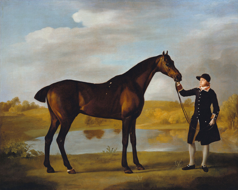 The Duke of Marlborough''s (?) Bay Hunter, with a Groom in Livery in a Lake Landscape de George Stubbs