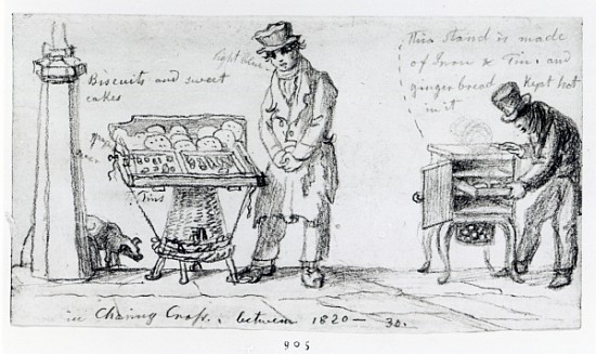 Biscuit and Gingerbread stalls at Charing Cross, 1820-30 de George the Elder Scharf