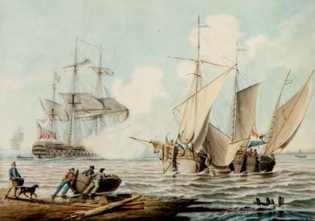 Dutch Pinks and a British Man-o'-War off a Coastline de George Webster